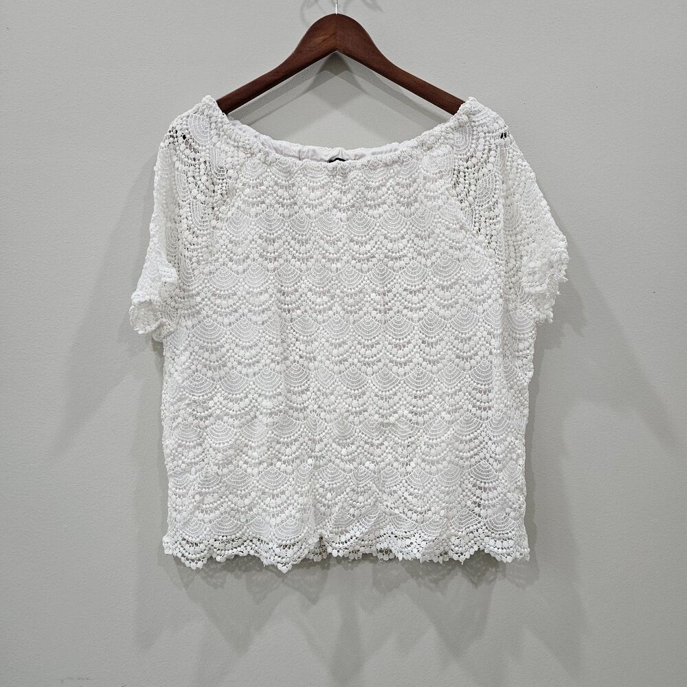 Talbots Womens Lace Overlay Top 3XP White Raglan Cotton Romantic Fairy Feminine